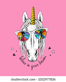 Portrait of a magical unicorn with a yellow horn, in a bright coloring glasses on a light pink background. Vector illustration.