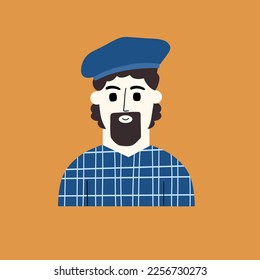 Portrait of a male artist in a French beret. Young man in trendy clothes. Vector hand drawn illustration