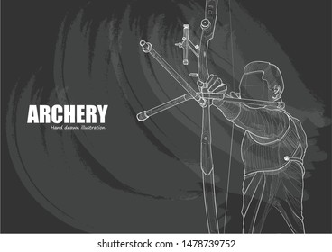 Portrait of male athlete practicing archery on chalkboard. drawing vector of sport. Archery background. vector illustration
