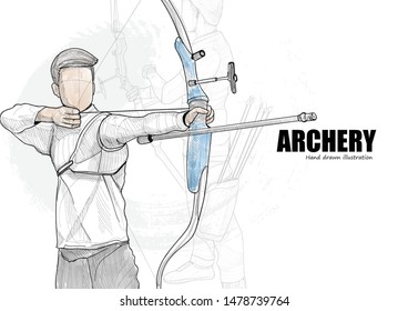 Portrait of male athlete practicing archery on background design. drawing vector of sport. Archery background. vector illustration
