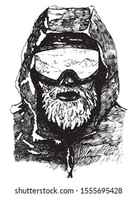 Portrait Of A Male Athlete In Ski Goggles In The Cold, With A Hoarfrost Covered Beard.
Black And White Ink Drawing.