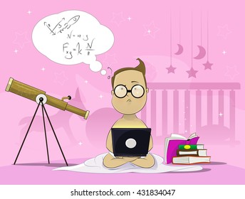 Portrait of male baby boy working with notebook wearing glasses. Talented children, education concept vector layered illustration
