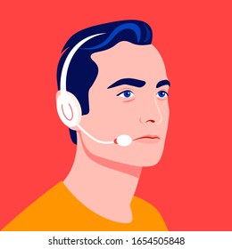 
Portrait of a male call center operator. Technical Support Officer. Sales Manager. Bright vector illustration in flat style.