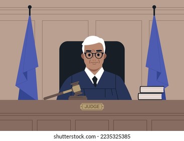 A portrait of a male Caucasian judge wearing a robe in a courtroom, justice and law