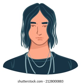 Portrait of male character wearing dark gothic clothes and accessories, teenager with long hairstyle. Man in fashionable apparel, confident and serious facial expression. Vector in flat style