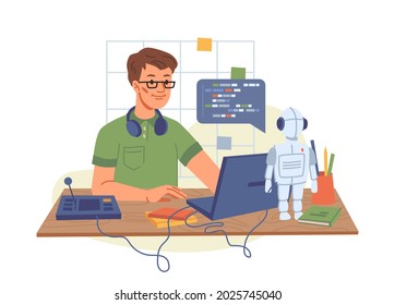 Portrait of male IT developer typing on keyboard programming code on computer screen and laptop isolated young programmer student. Vector college boy in glasses modeling robot, informatics lesson