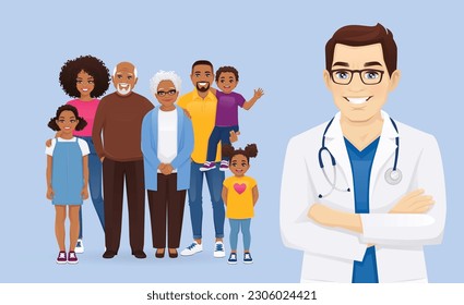 Portrait of male doctor in front of big family vector illustration. Mother, father, daughter, son, grandfather, grandmother standing together on blue background