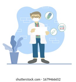 Portrait of a male doctor with lab coat in his office holding a white paper. Doctor shows an empty board to write a personal message or advice for treating patients. Vector illustration.