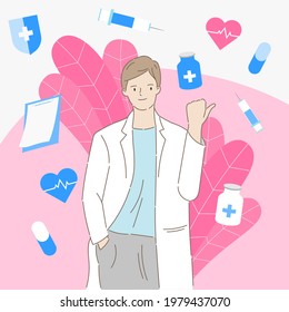 Portrait of male doctor with medical supply pointed his thumb at the empty space. Healthcare and medical concept. Hand draw style. Vector illustration.