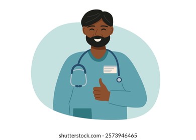 Portrait of a male doctor showing sign LIKE isolated on white. Concept of medicine, healthcare, clinic, assistance. Vector hand drawn clipart.