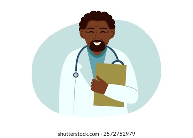 Portrait of a male elderly doctor isolated on white. Concept of medicine, healthcare, clinic, assistance. Vector hand drawn clipart.