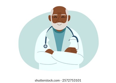 Portrait of a male elderly doctor isolated on white. Concept of medicine, healthcare, clinic, assistance. Vector hand drawn clipart.