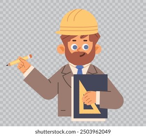 Portrait of male engineer in helmet on transparent background. Cute cartoon vector character