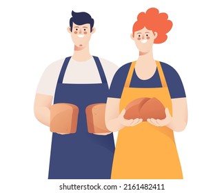 Portrait of a male and female bakers holding bread. Vector illustration.