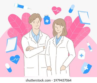 Portrait of male and female doctor with medical supply in healthcare and medicine concept. Hand draw style. Vector illustration.