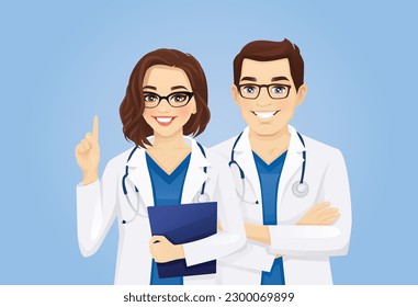 Portrait of male and female doctors or nurses. Man and woman team profession characters vector illustration