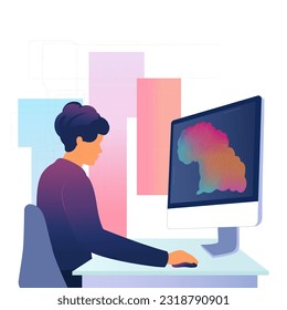 Portrait of Male Graphic Designer Working On Computer At Workplace And Abstract Background.