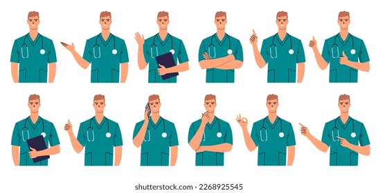 Retrato de una enfermera masculina que usa exfoliaciones aisladas. Diversas poses y gestos. El joven doctor muestra el pulgar arriba, Ok, dedo índice, mano, saludo, pensamiento, llamada, los brazos cruzados. Vector plano.