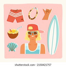 Portrait of a male surfer with surfing items. Vector illustration of a young man in sunglasses and a hat, surfboard and shaka sign. Trendy retro style.