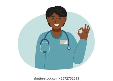 Portrait of a male young doctor showing sign OK isolated on white. Concept of medicine, healthcare, clinic, assistance. Vector hand drawn clipart.