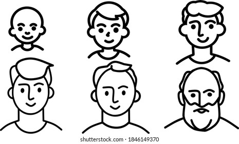 	
Portrait of a males at different ages, preschooler kid 1-5 years old, primary school age 6-9, senior school age 10-14, teenager 15-18, young man 19-30, average 40-50, elderly 60-80. black and white 