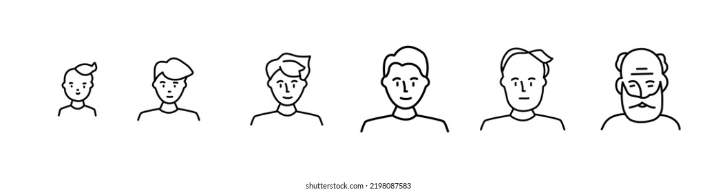 Portrait of a males at different ages, preschooler kid 1-5 years old, primary school age 6-9, senior school age 10-14, teenager 15-18, young man 19-30, average 40-50, elderly 60-80. black and white