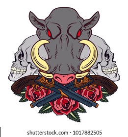 Portrait of a malicious boar in an old school style with skulls, pistols and roses