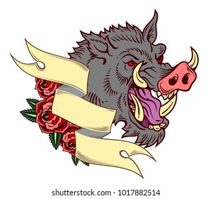 Portrait of a malicious boar in an old school style with a banner and scarlet roses