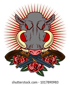 Portrait of a malicious boar in the old school style with scarlet roses and revolvers