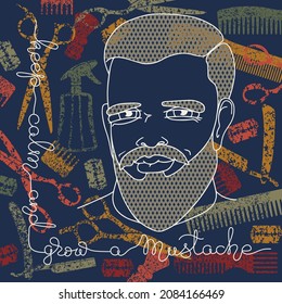 Portrait of a man with barber tools. Outline vector illustration.