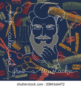 Portrait of a man with barber tools. Outline vector illustration.