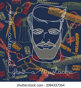 Portrait of a man with barber tools. Outline vector illustration.