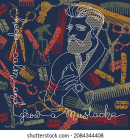 Portrait of a man with barber tools. Outline vector illustration.