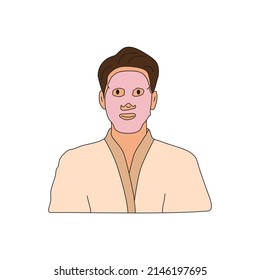 Portrait of man in bathrobe with facial sheet face mask for anti wrinkle, skin rejuvenation. Skin care and facial for men.Young man healthcare and skin face care. Hand drawn flat vector illustration