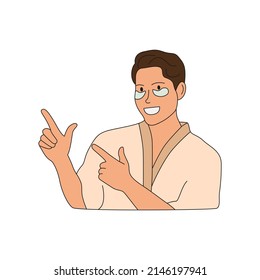 Portrait man in bathrobe smiling with patches mask under eyes and pointing finger. Concept skin care and facial for men. Young man healthcare and skin face care. Hand drawn flat vector illustration.