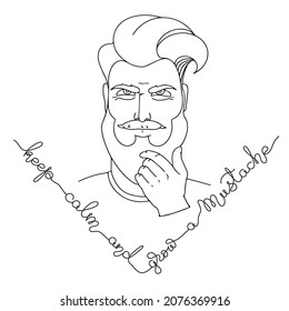 Portrait of a man with a beard and handwritten text Keep calm and grow a mustache. Hipster man with stylish haircut. Line art style. Black isolated on 
white. Modern guy. Outline vector illustration.