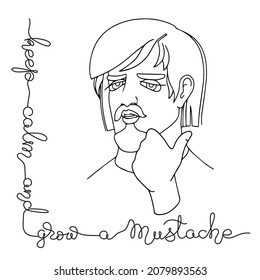 Portrait of a man with a beard and handwritten text Keep calm and grow a mustache. Hipster man with stylish haircut. Line art style. Black isolated on white. Modern guy. Outline vector illustration.