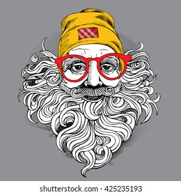 Portrait of a Man with a beard and mustache in a hipster hat and in a glasses. Vector illustration.