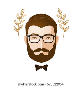 Portrait of a man. Bearded man with glasses. Erudite, gentleman icon or symbol. Cartoon vector illustration