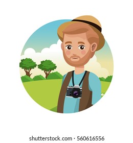 portrait man bearded hat photo camera landscape background