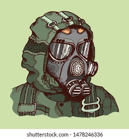 Portrait of a man in a bio-chemical protective coat and gas mask. Sketch. Vector illustration