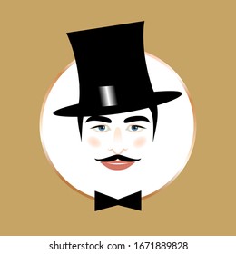 Retrato de un hombre con un sombrero negro. Cara de caballero en un marco dorado en un fondo beige. Ilustración vectorial.