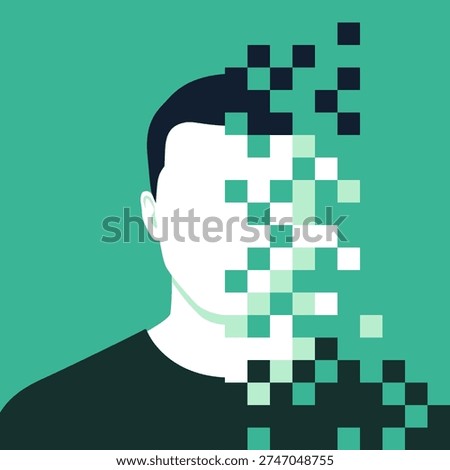 Portrait of a man broken into fragments and pixels: identity disturbance, data corruption and data loss concept