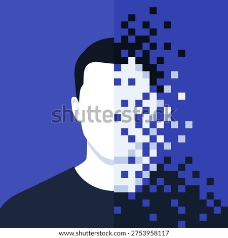 Portrait of a man broken into fragments and pixels: identity disturbance, data corruption and data loss concept