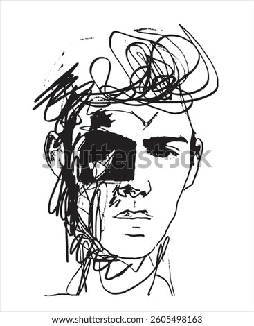 Portrait of a man with charcoal. Vector illustration. Portrait drawn with lines. Hand drawn. Untidy drawing. Creative drawing. Chaotic lines. Head silhouette. Scribble art