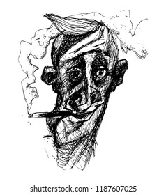 Portrait of a man with a cigarette. Black and white hand graphics, on the T-shirt and to create a visual image.Can be used in social networks, for articles, publications, cards, print, poster, sticker