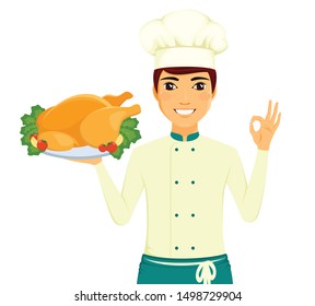 Portrait of a man cook. Cook holding dish. A man with a gesture of approval. Professional chef. Food preparation. Service personnel. Flat style on white background. Cartoon