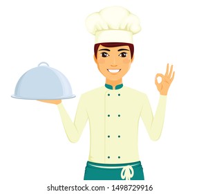 Portrait of a man cook with a tray in his hand. A man with a gesture of approval. Professional chef. Food preparation. Service personnel. Flat style on white background. Cartoon