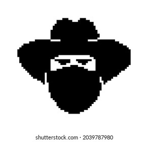 Portrait of a man in a cowboy hat and mask. Pixel style. Cowboy or robber