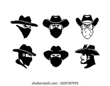 Portrait of a man in a cowboy hat and mask. Pixel style. Cowboy or robber